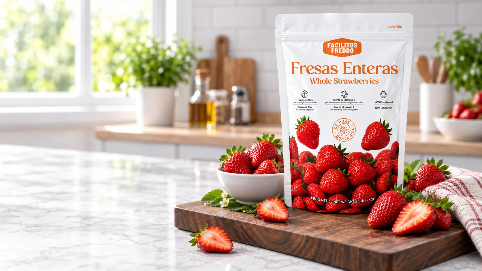 Bolsa de Fresas Enteras Facilitos Freddo sobre una tabla de madera en una cocina