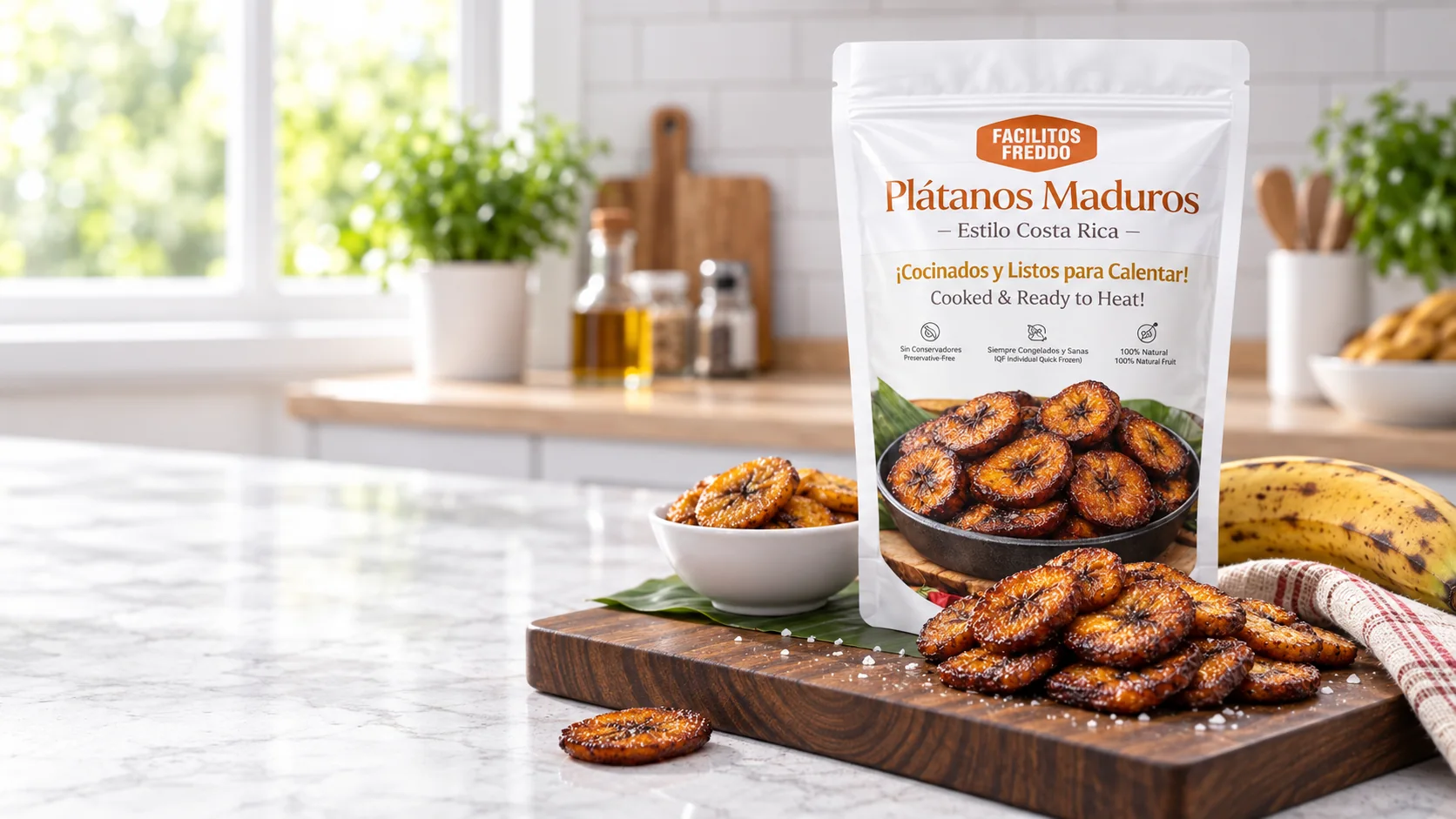 Bolsa de Plátanos Maduros Facilitos Freddo en una cocina, con plátanos maduros servidos